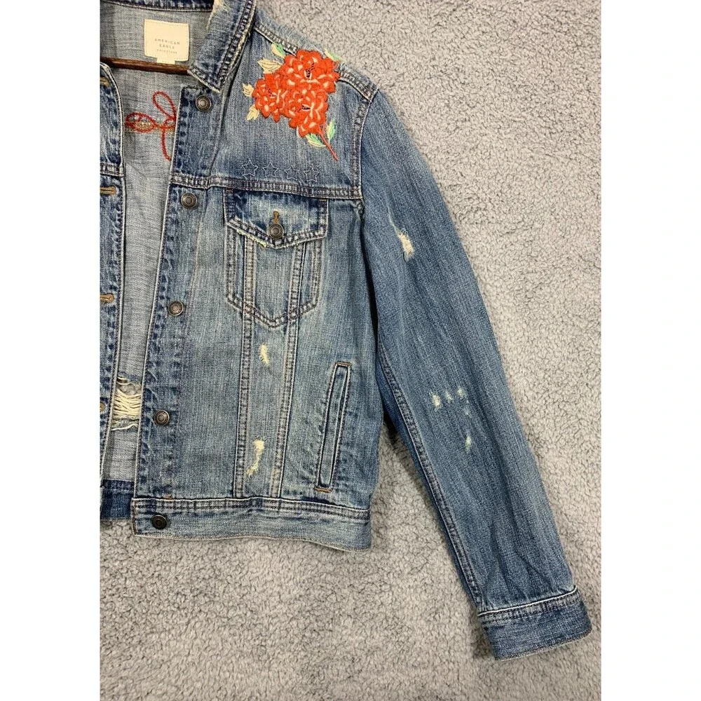 American Eagle (M) Blue Jean Denim Jacket Floral Wearable Art Distressed Pockets - Picture 3 of 16